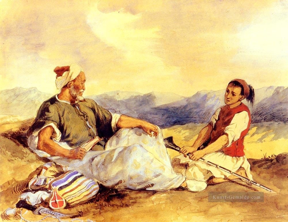 Zwei Marokkaner mit Sitz in die Landschaft romantische Eugene Delacroix Ölgemälde